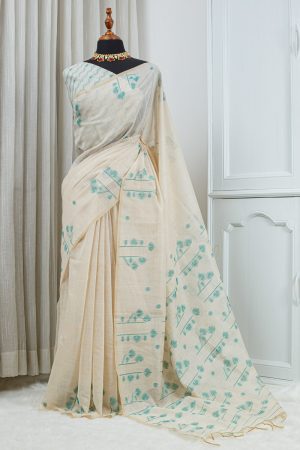 Cotton Linen Jamdani Motif Saree – Ivory & Aqua Blue 000138