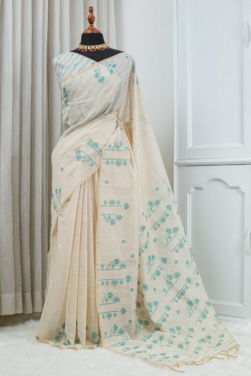 Cotton Linen Jamdani Motif Saree – Ivory & Aqua Blue 000138