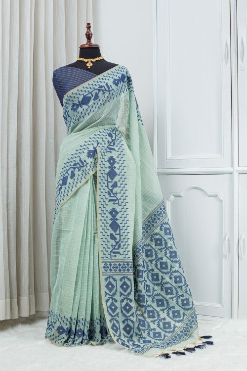 Cotton Linen Jamdani Motif Saree – Mint Green & Deep Blue