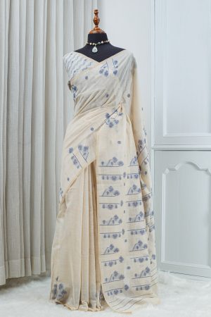 Cotton Linen Jamdani Motif Saree – Ivory & Soft Blue 000139