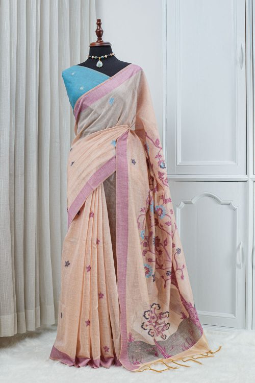 Cotton Linen Saree – Soft Peach with Multicolour Floral Weaving 000140