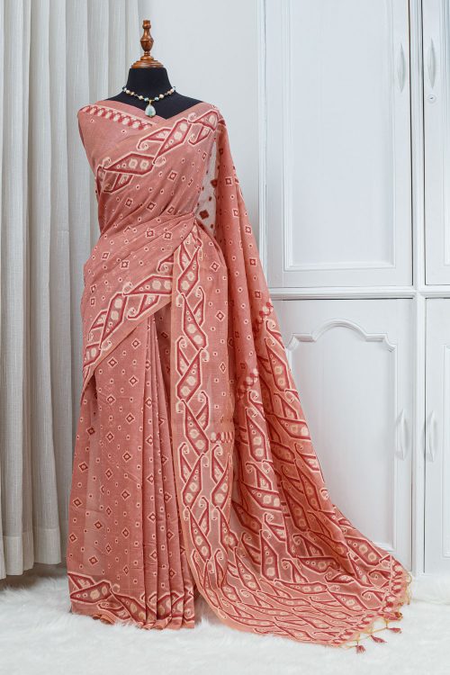 Cotton Linen Jamdani Motif Saree – Dusty Rose & Ivory 000141
