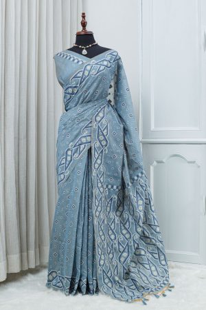 Cotton Linen Jamdani Motif Saree – Powder Blue & Ivory 000142
