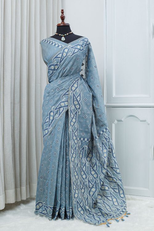 Cotton Linen Jamdani Motif Saree – Powder Blue & Ivory 000142