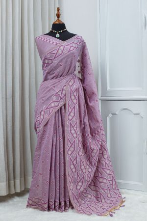 Cotton Linen Jamdani Motif Saree – Dusty Lavender & Magenta 000143