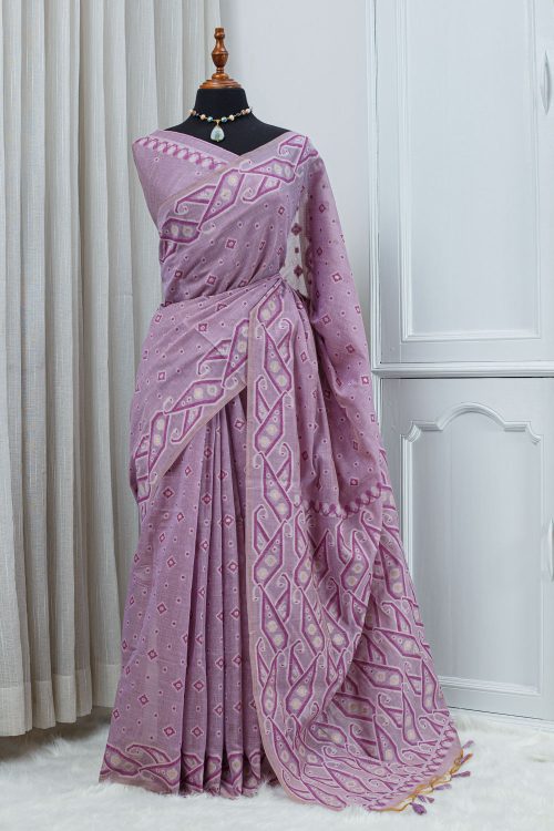 Cotton Linen Jamdani Motif Saree – Dusty Lavender & Magenta 000143