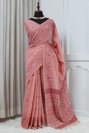 Cotton Linen Jamdani Motif Saree – Soft Peach Pink 000144