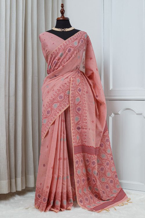 Cotton Linen Jamdani Motif Saree – Soft Peach Pink 000144