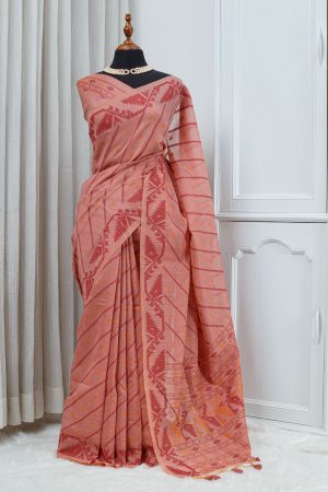 Cotton Linen Jamdani Motif Saree – Dusty Peach Pink 000145