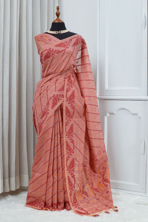 Cotton Linen Jamdani Motif Saree – Dusty Peach Pink 000145