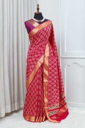 Silk Patola Saree – Rich Red with Zari Border & Multicolour Pallu 000146