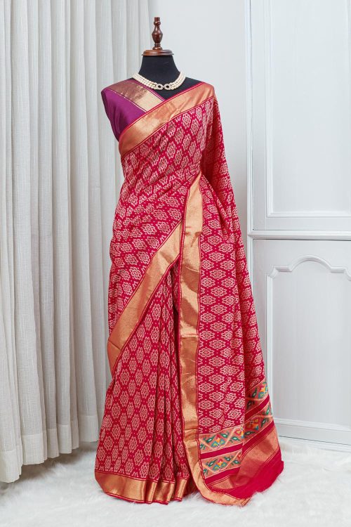 Silk Patola Saree – Rich Red with Zari Border & Multicolour Pallu 000146