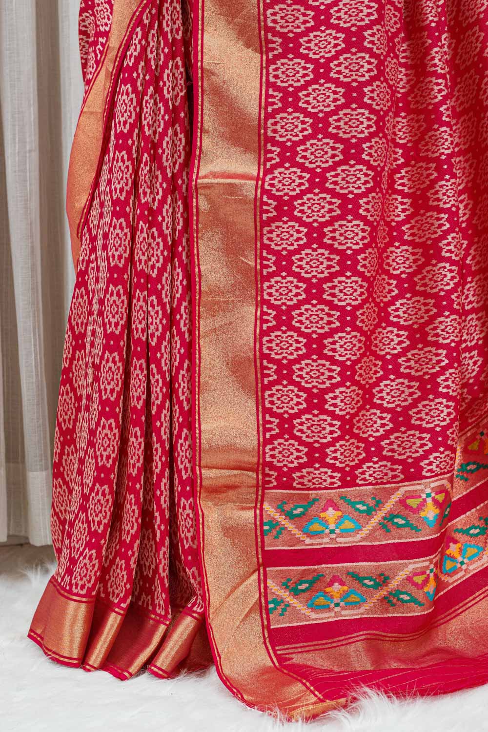 Silk Patola Saree – Rich Red with Zari Border & Multicolour Pallu 000146 - Image 3