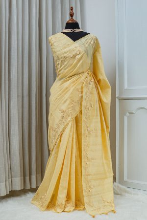 Crush Tussar Saree – Soft Butter Yellow with 3D Floral Embroidery 000147