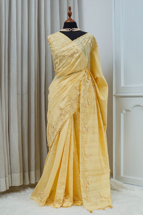 Crush Tussar Saree – Soft Butter Yellow with 3D Floral Embroidery 000147