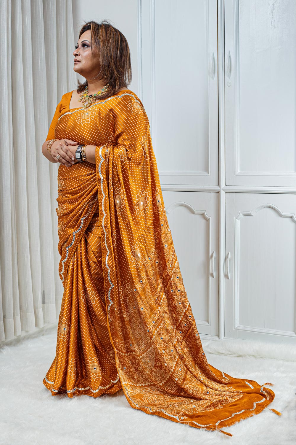 Ajrakh Modal Silk Saree – Burnt Orange with Mirror Work 000148