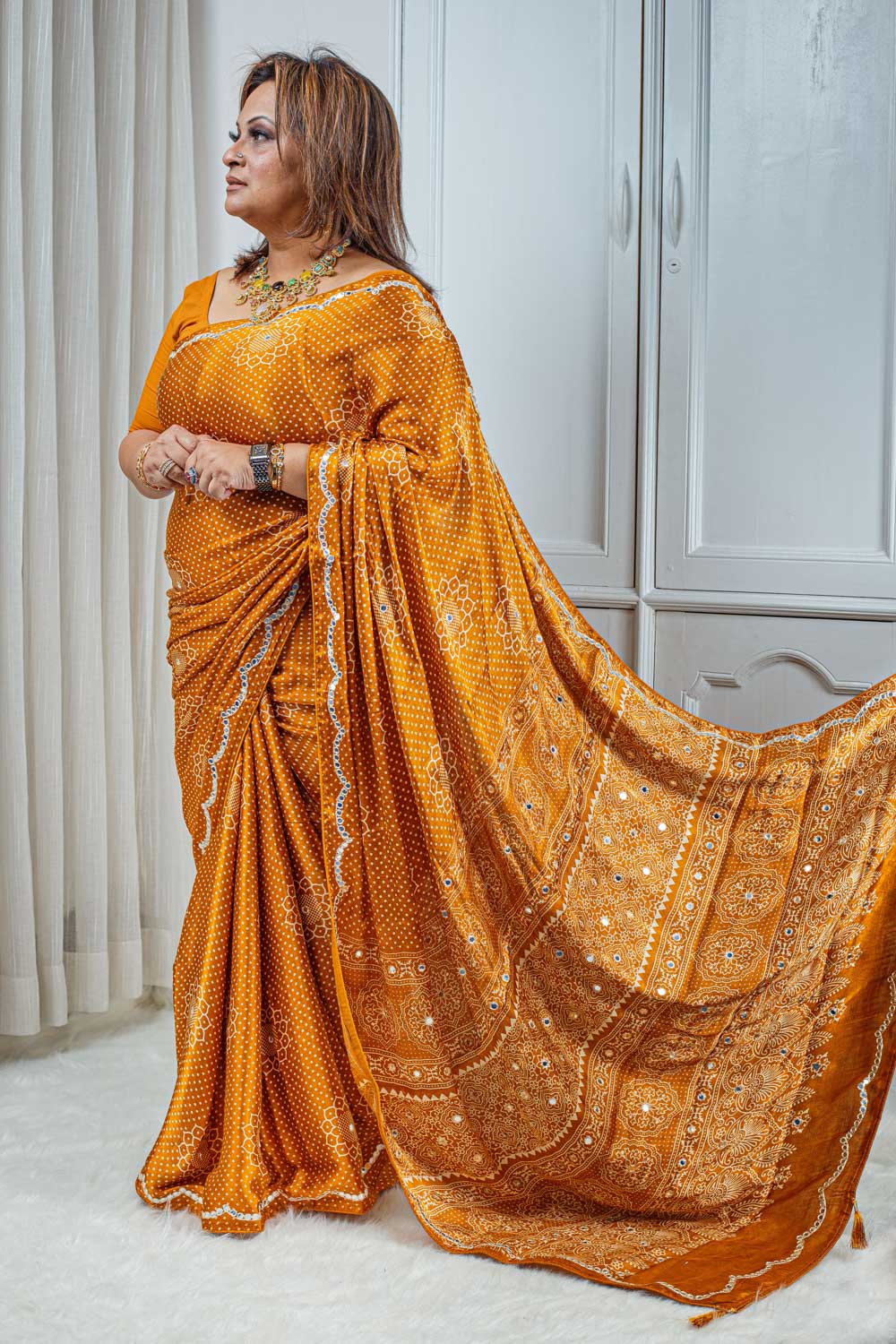 Ajrakh Modal Silk Saree – Burnt Orange with Mirror Work 000148 - Image 2