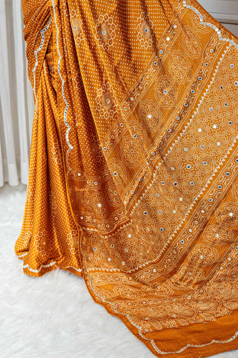 Ajrakh Modal Silk Saree – Burnt Orange with Mirror Work 000148 - Image 4