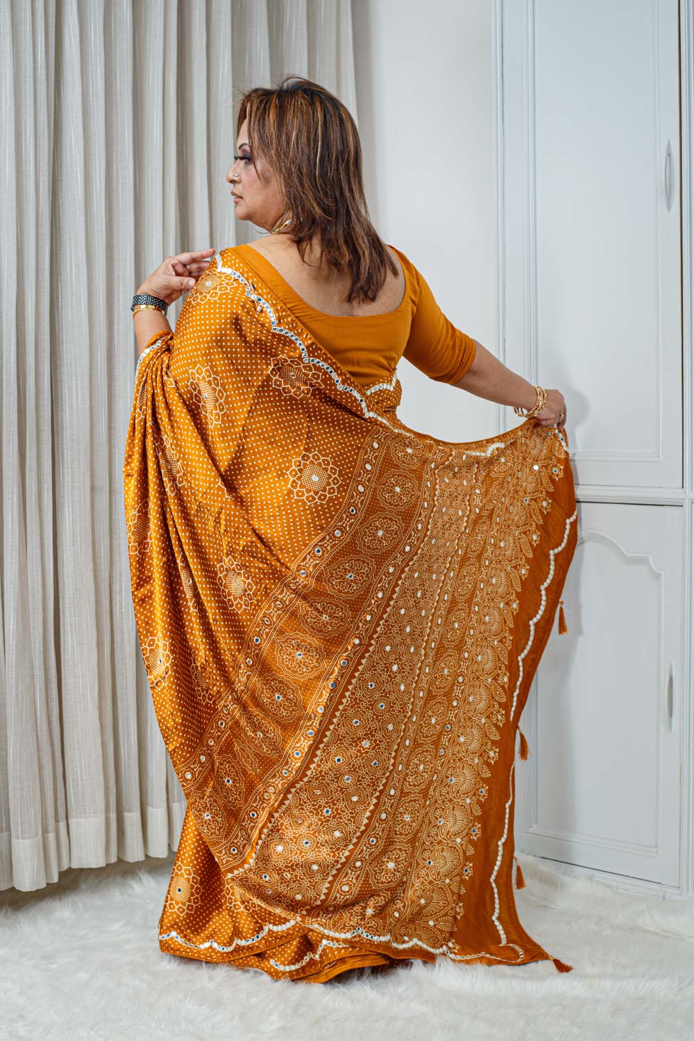 Ajrakh Modal Silk Saree – Burnt Orange with Mirror Work 000148 - Image 3