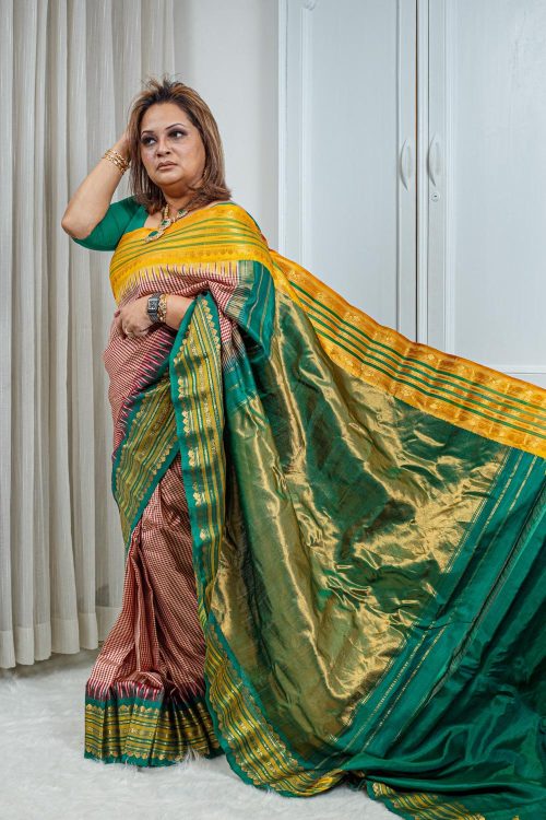 Silk Gadwal Saree – Maroon Check with Emerald Green & Mustard Zari Border