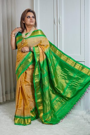 Sico Gadwal Saree – Mustard Gold with Emerald Green Zari Border 000149