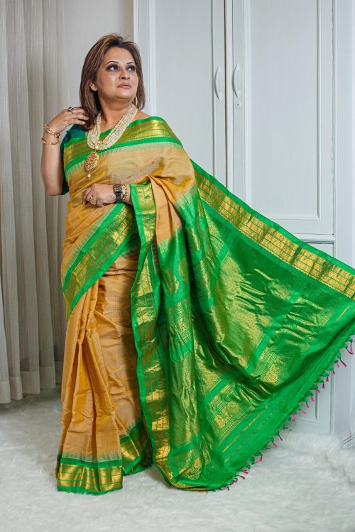 Sico Gadwal Saree – Mustard Gold with Emerald Green Zari Border 000149
