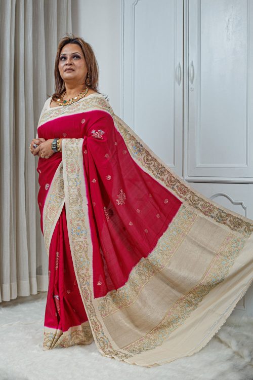 Tussar Khaddi Saree – Rani Pink with Ivory & Multicolour Zari Border